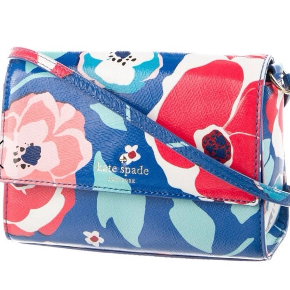 Kate Spade Floral Saffiano Leather Crossbody Blue Multi Print Bag w Dust Bag